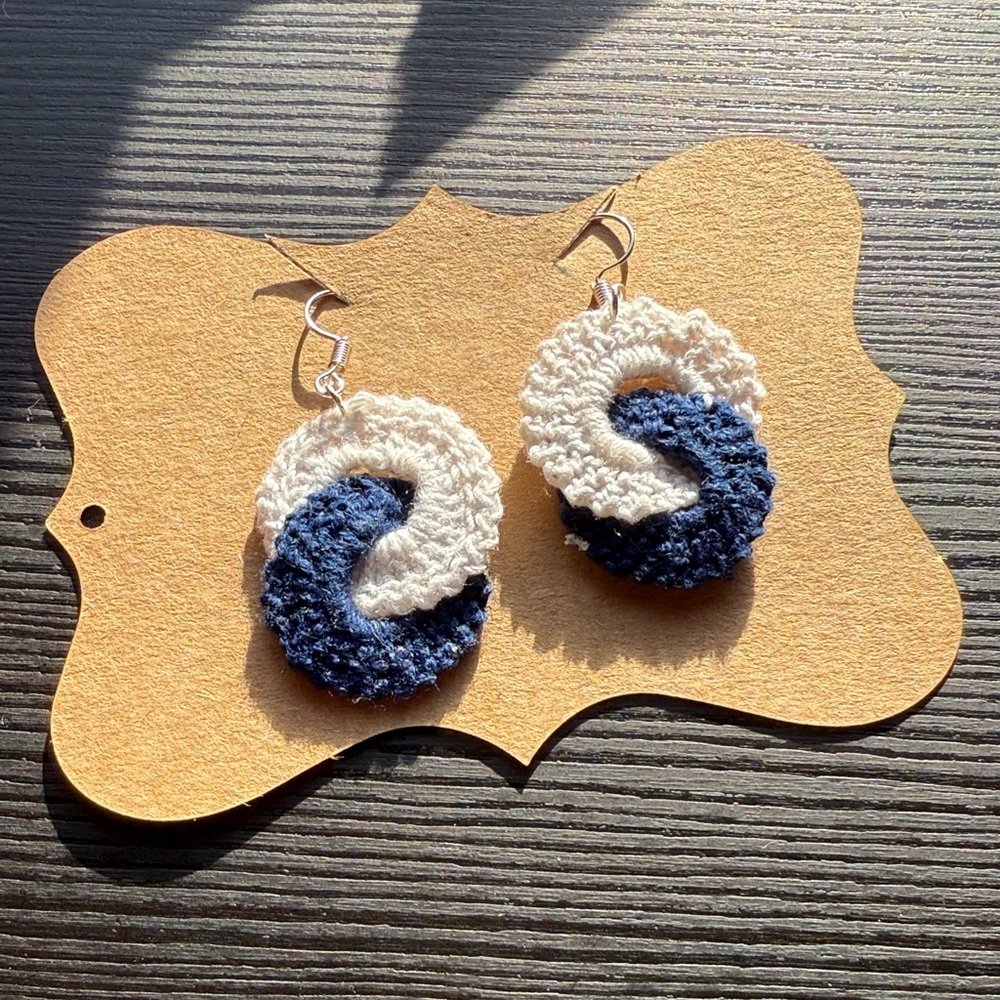 Handmade Elegant Blue and White Crochet Earrings
